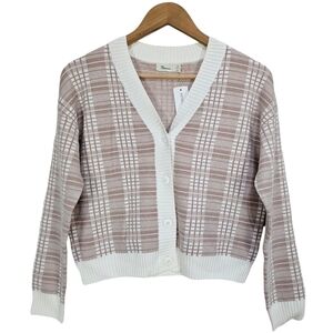 The Commons Stitch Fix Plaid V-Neck Button Up Cardigan Beige White Large NWT